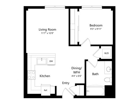 Floor plan for 1 bed, 1 bath, 678 sqft